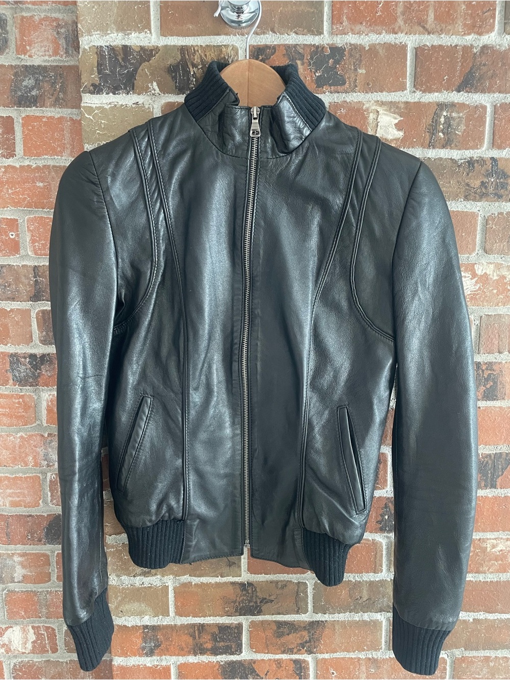 Women’s Black Leather Bomber Jacket - Classic Zip Front